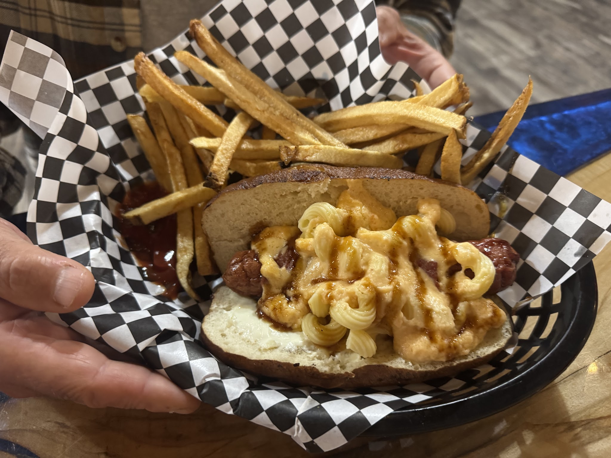 Loaded brisket sub with mac and cheese and fries